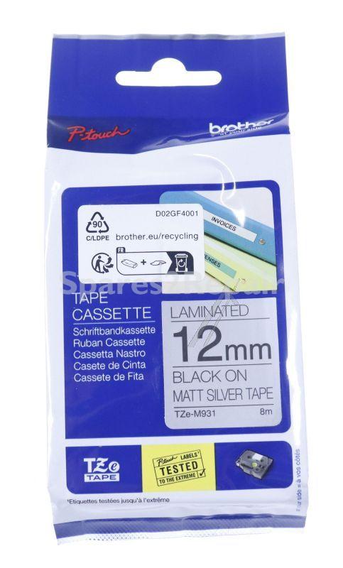 Brother Colour Cartridge - Tzem931 Label Tape Black On Silver Metallic 12mm-8m Laminated Brother
